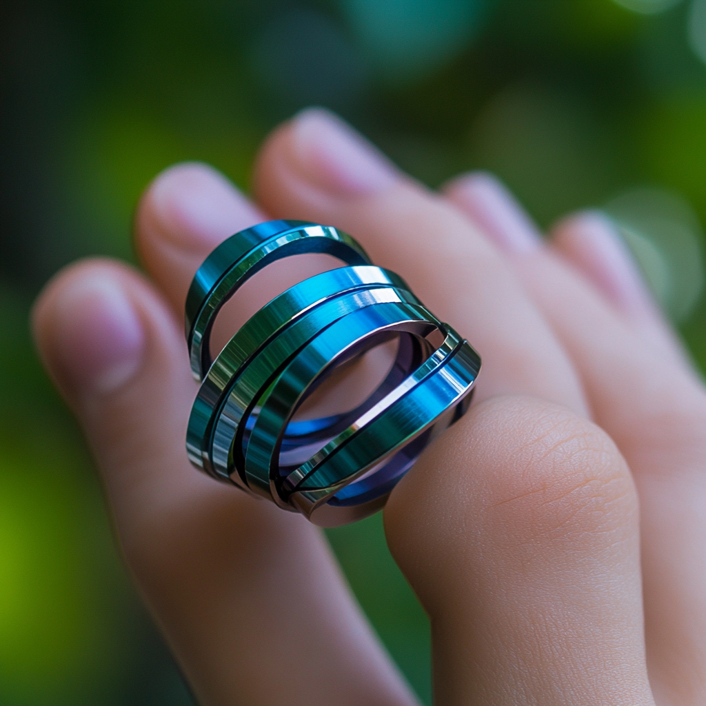 Image of sleek fidget spinner ring in metallic blue.