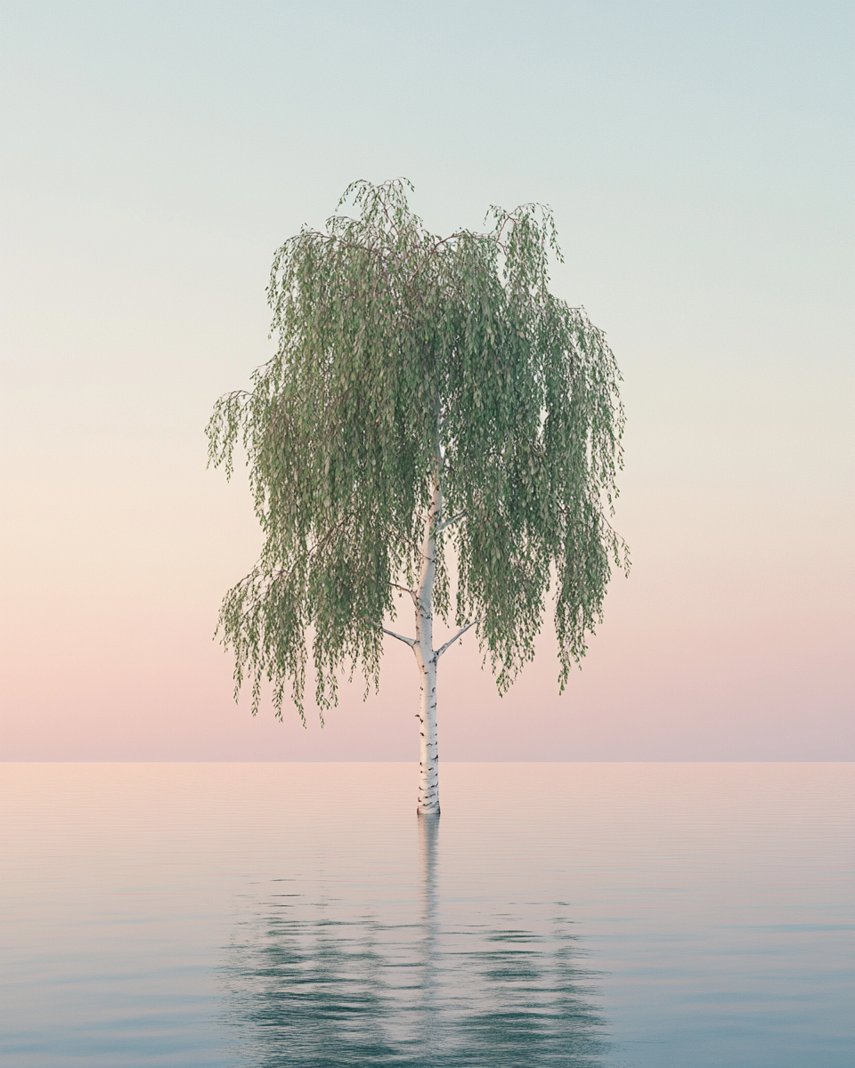 Image of solitary white tree in serene sunset lake.