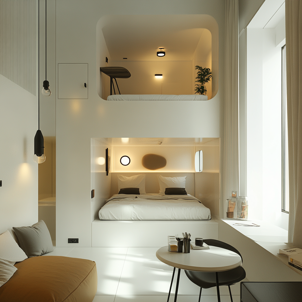 Image of stylish 1K room with bed and chair.