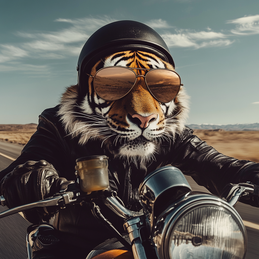 Image of tiger in aviator glasses riding motorcycle.