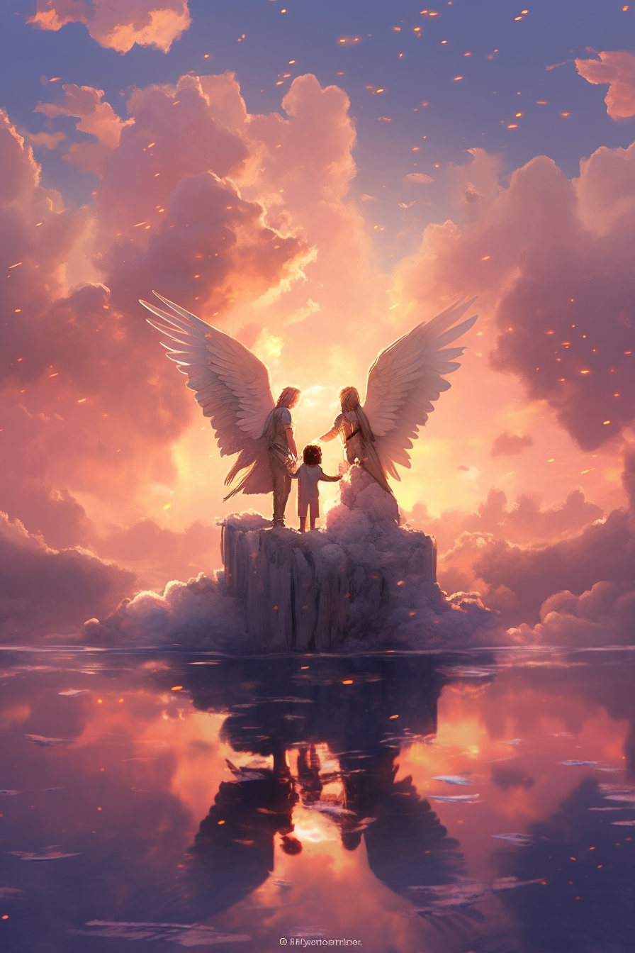 Image of two cherubic figures in dreamy setting