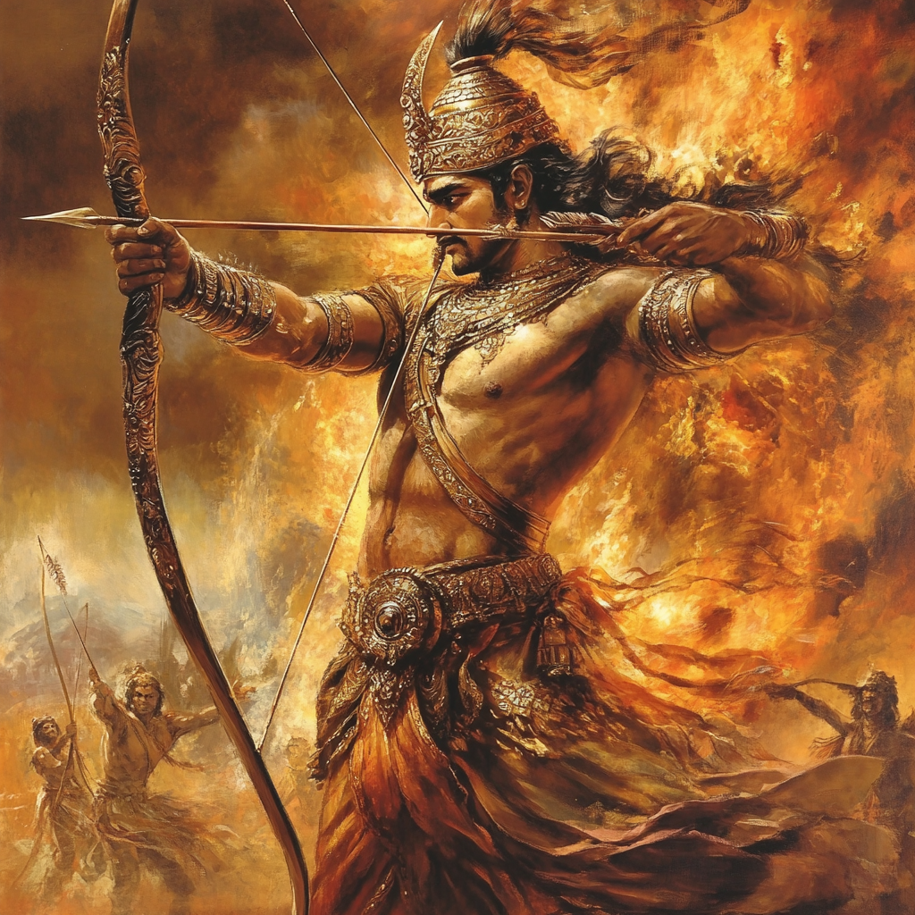 Image of valiant soldier Karna in fiery aura.