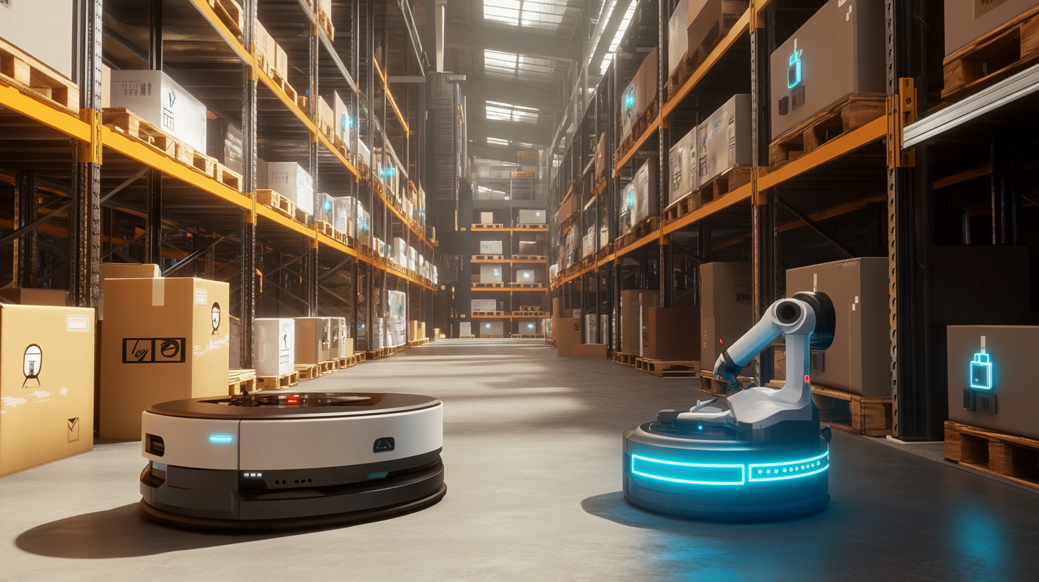 Image of warehouse with robots and AI systems.