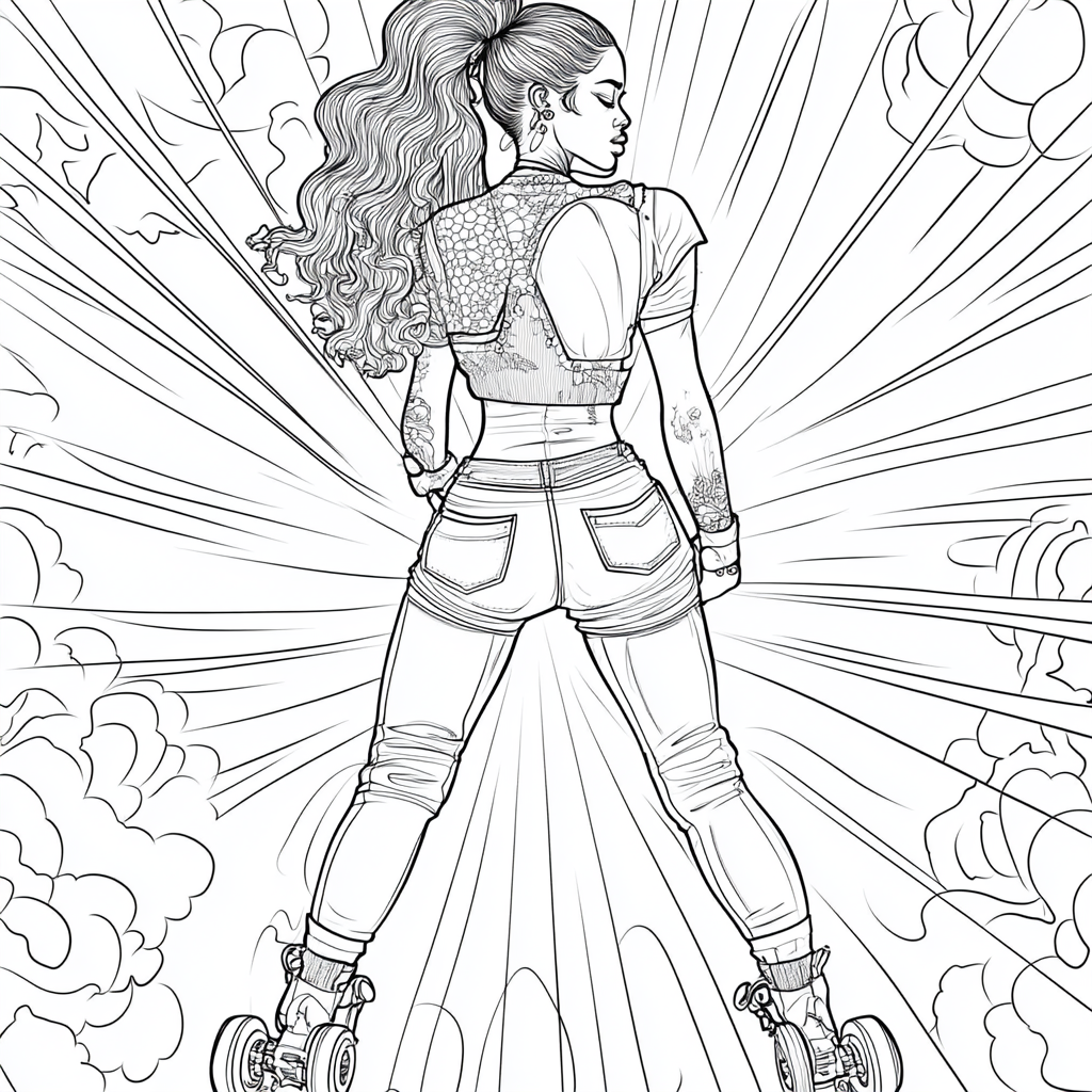 Image of woman in hippie jeans coloring page.