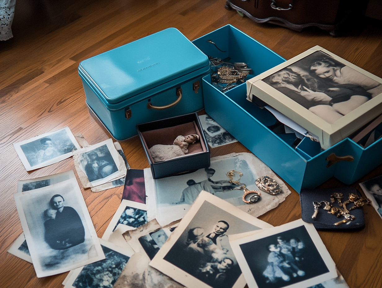 Image shows organizing sentimental items on wooden floor. Memories.