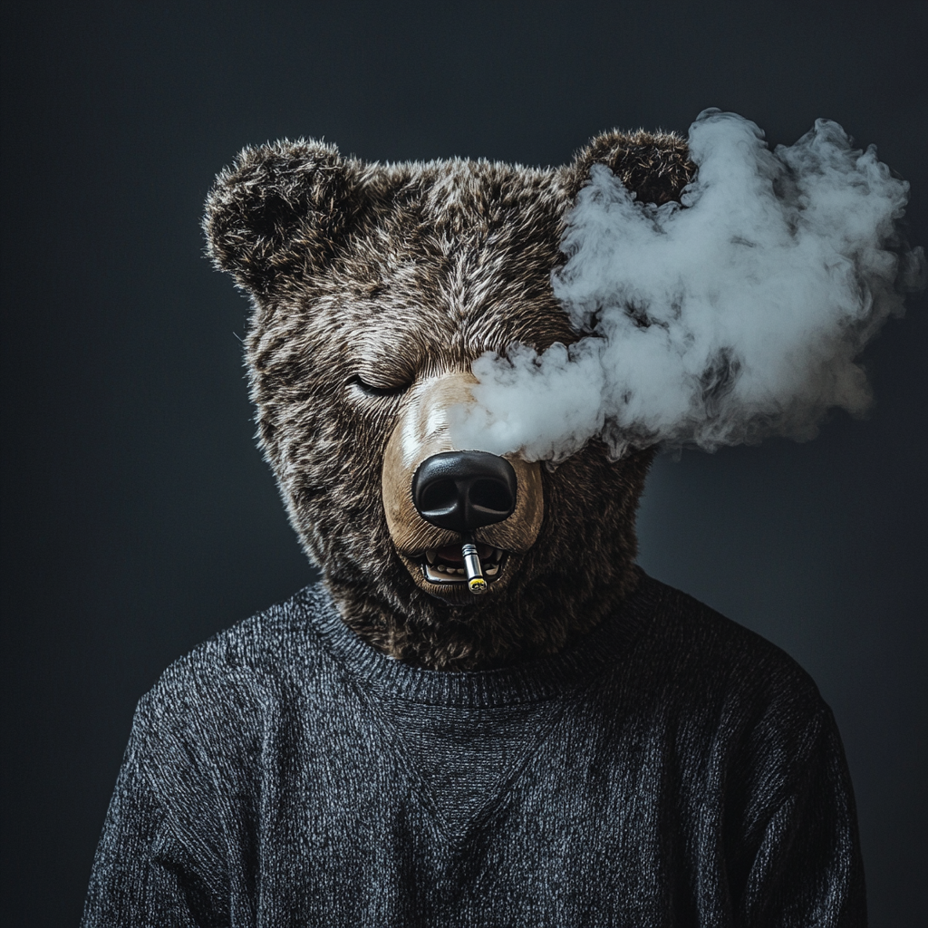 Image text: Bear-headed human vaping, looking disappointed, eyes closed.