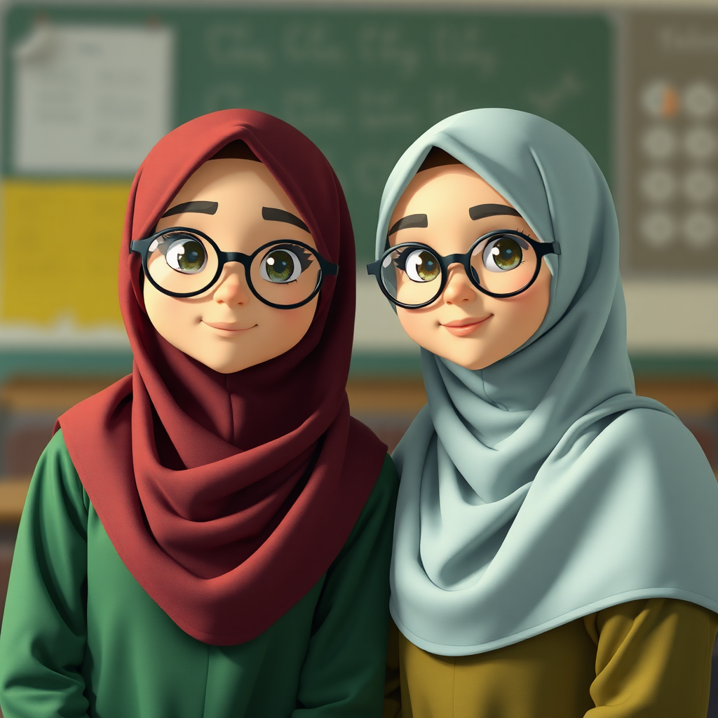 Image: A teacher and 27 students in hijabs, one twin.