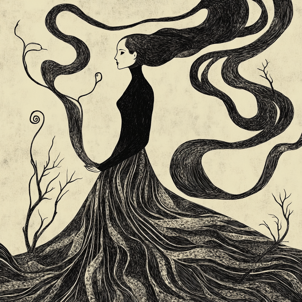 Image: Gracefully eerie figure with swirling elements in Gorey style.