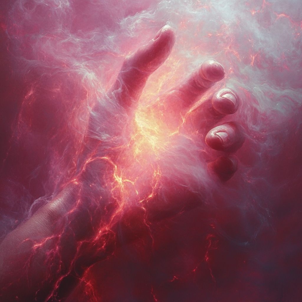 Image: Hand on fire in red and magenta mist.