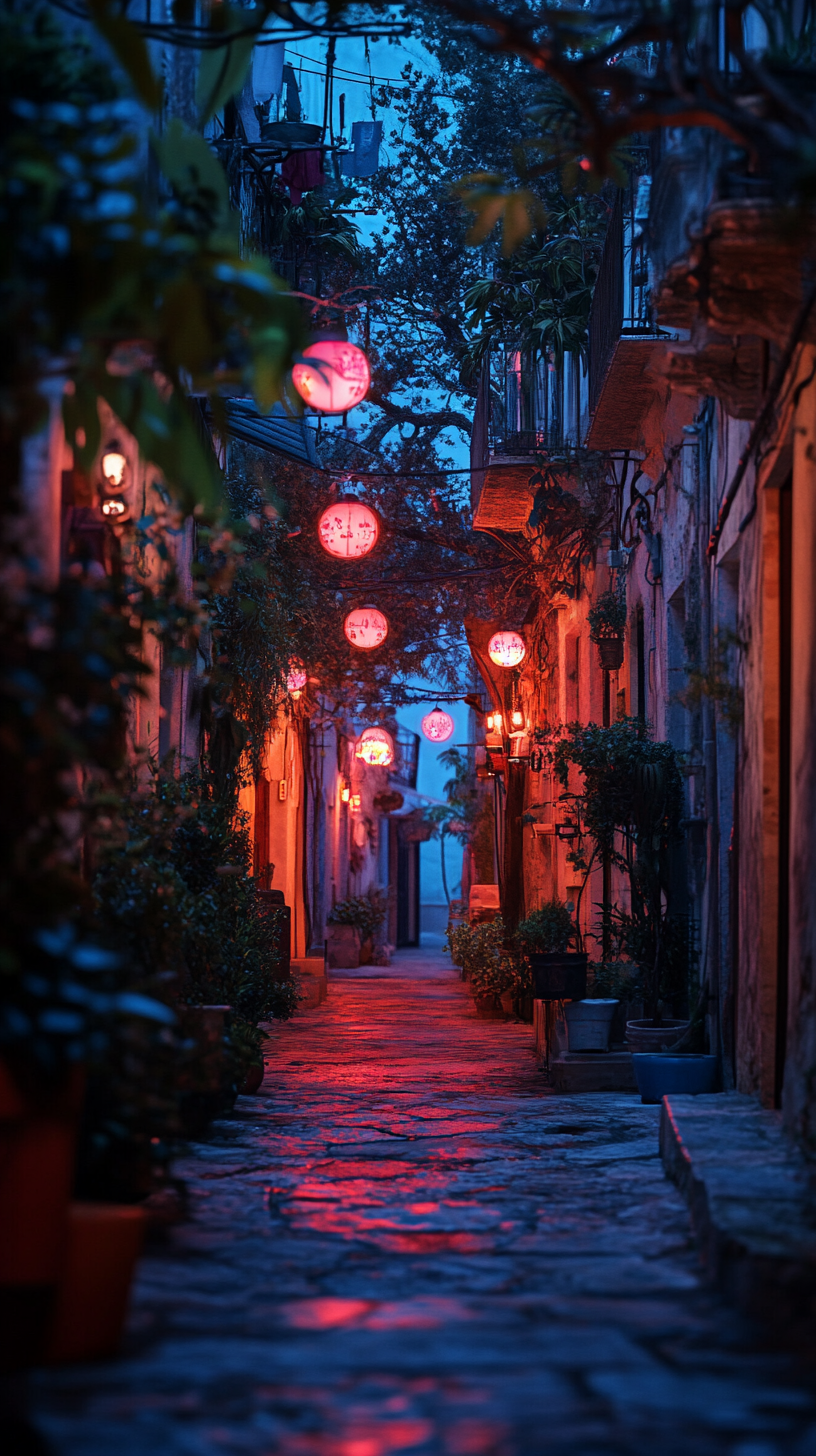 Image: Houses in beautiful beach alley night, streetlights flicker memories.