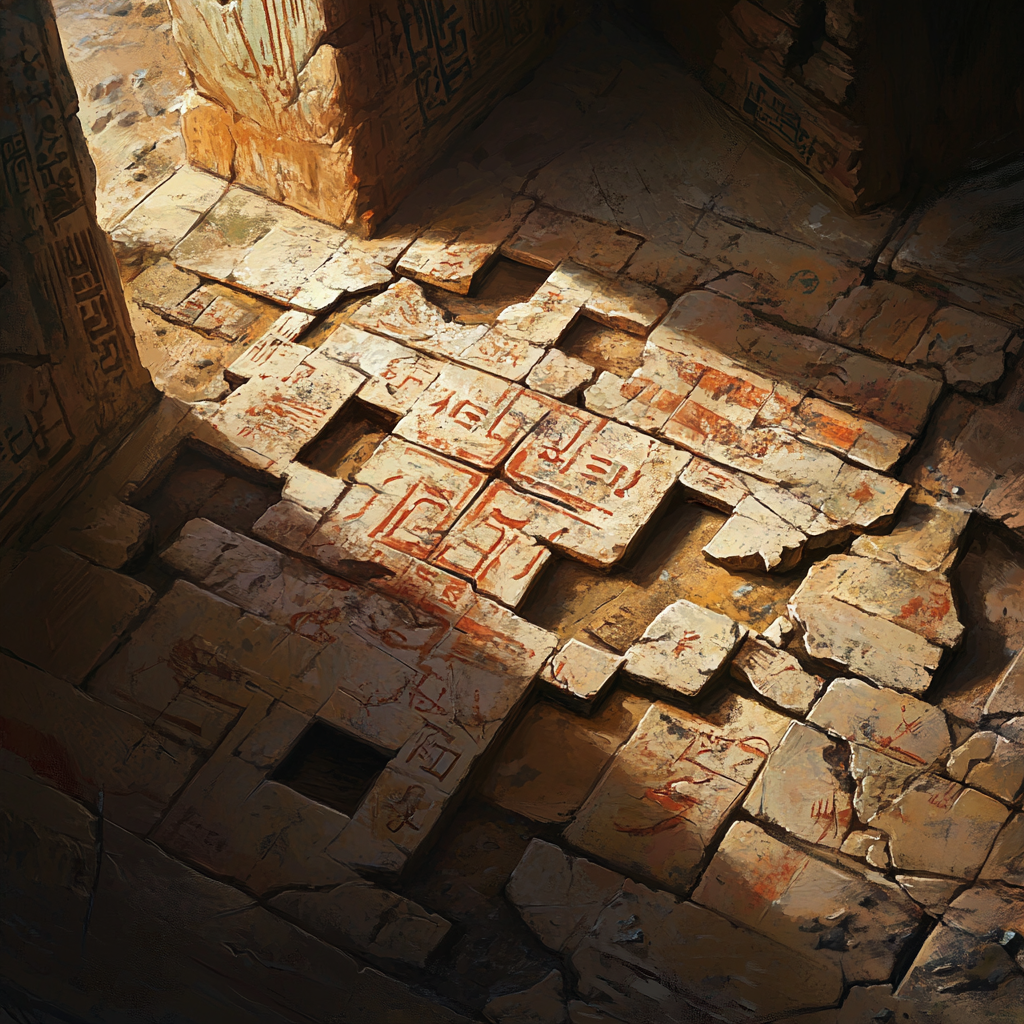 Image: Puzzles with broken artifacts and Sumerian symbols clues.