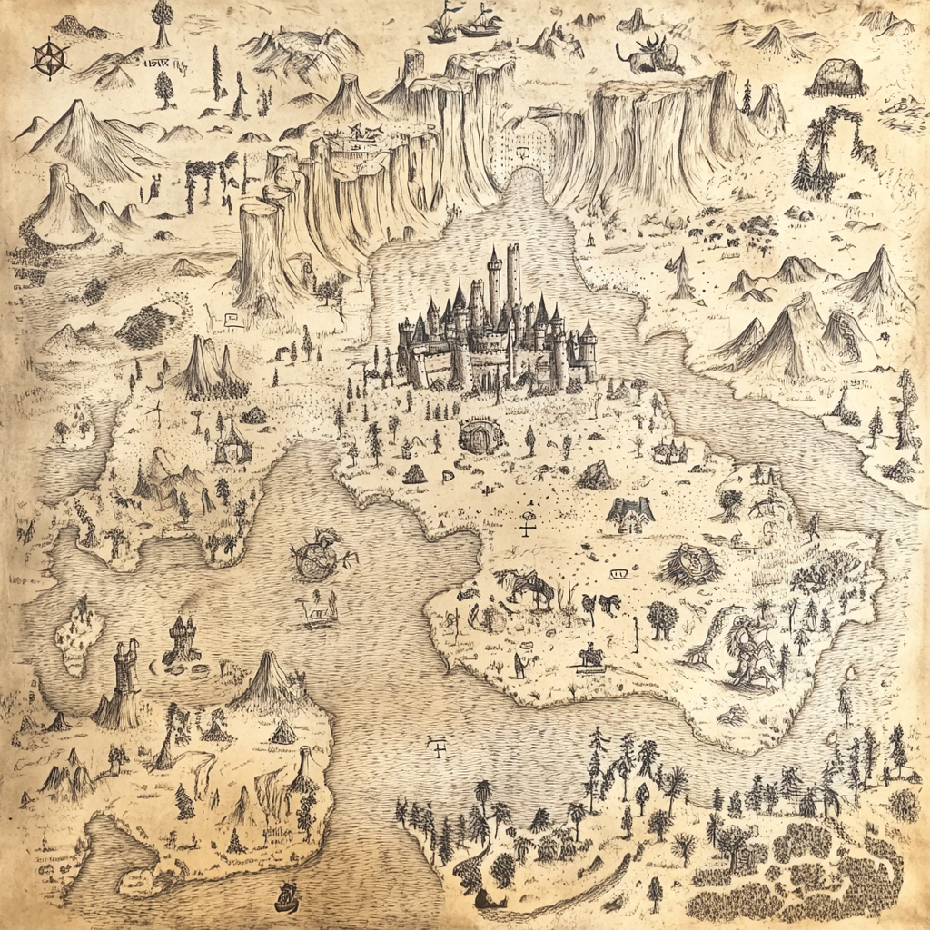 Imaginary Kingdom Map: Castle, Cliffs, Mythical Animals, Villages