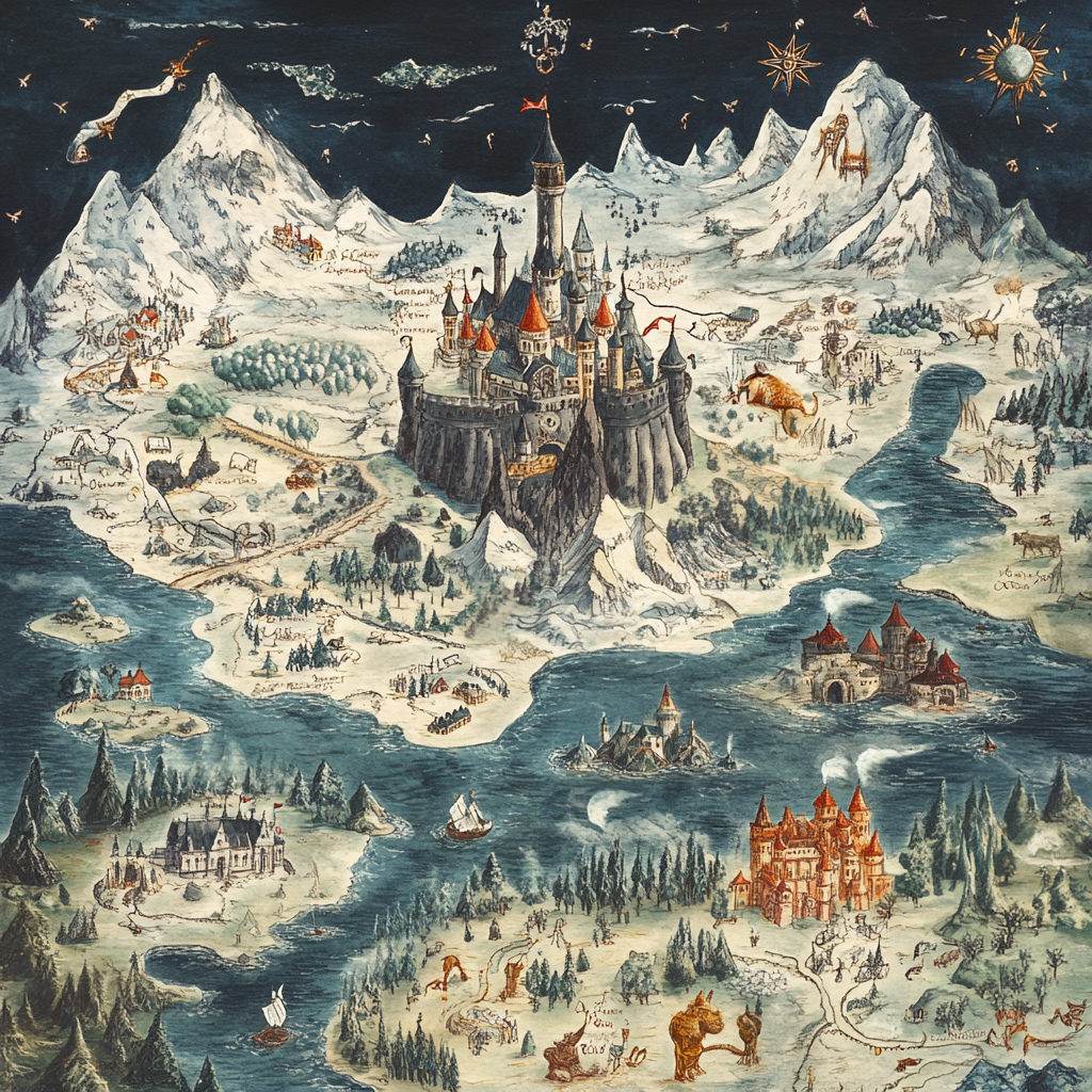 Imaginary Kingdom Map: Russian Castle, Mythical Animals, Dark Forests