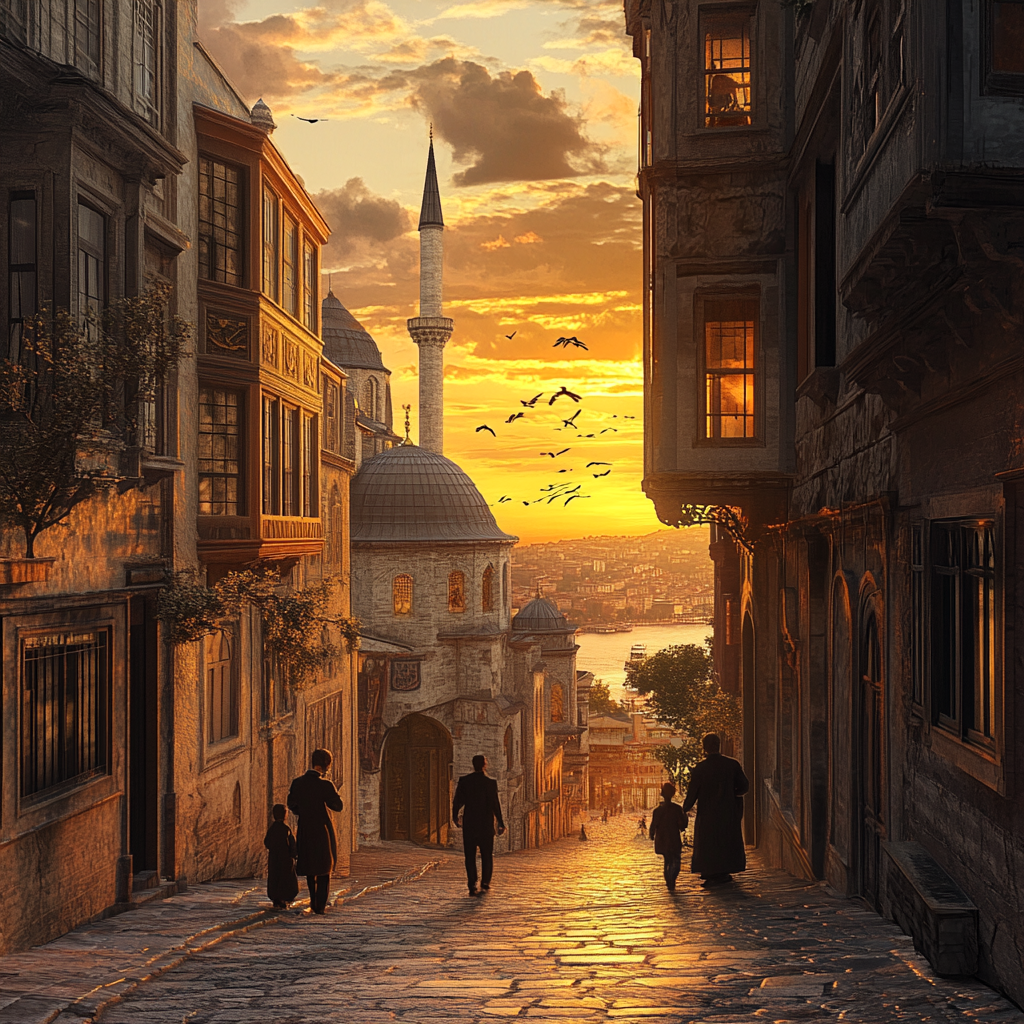 Imaginative 2024s Istanbul Cityscape with Family at Sunrise