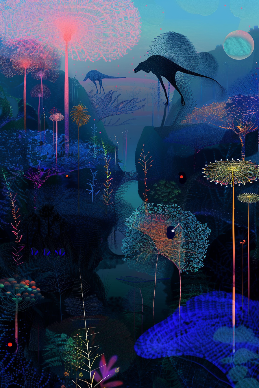 Imagining blue and purple creatures in primordial forest.