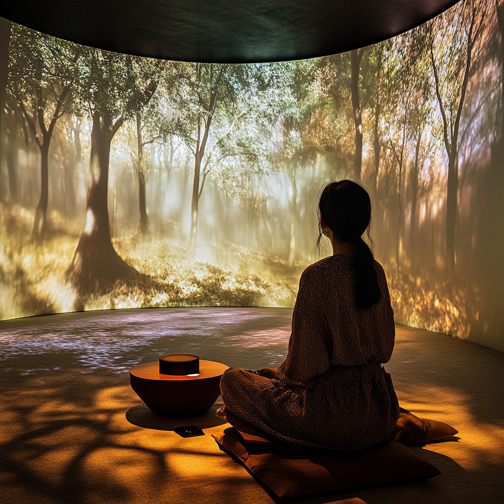 Immersive room with soft lighting, natural landscapes, interaction.