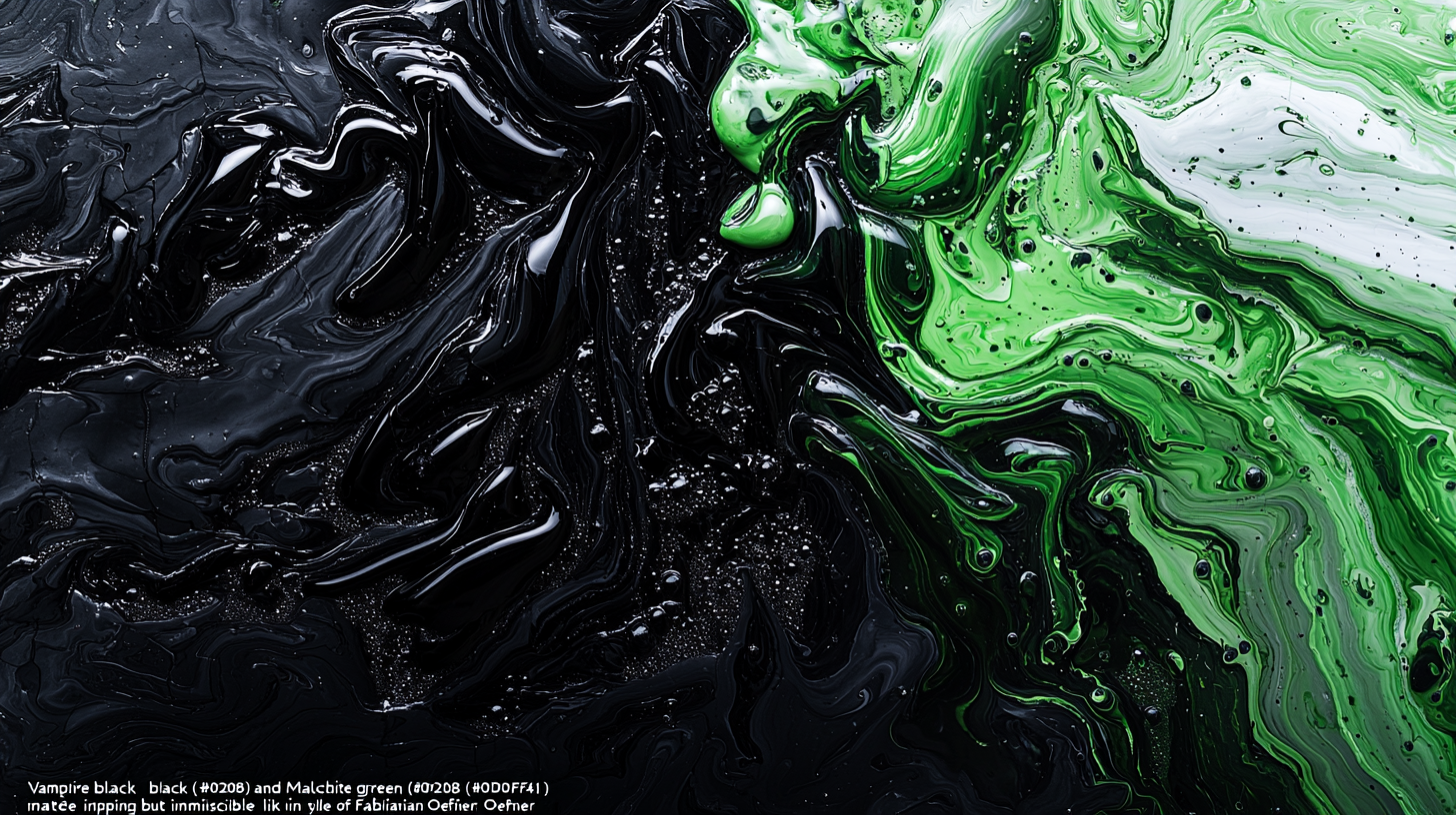 Immiscible liquids mix, black and green colors swirling.