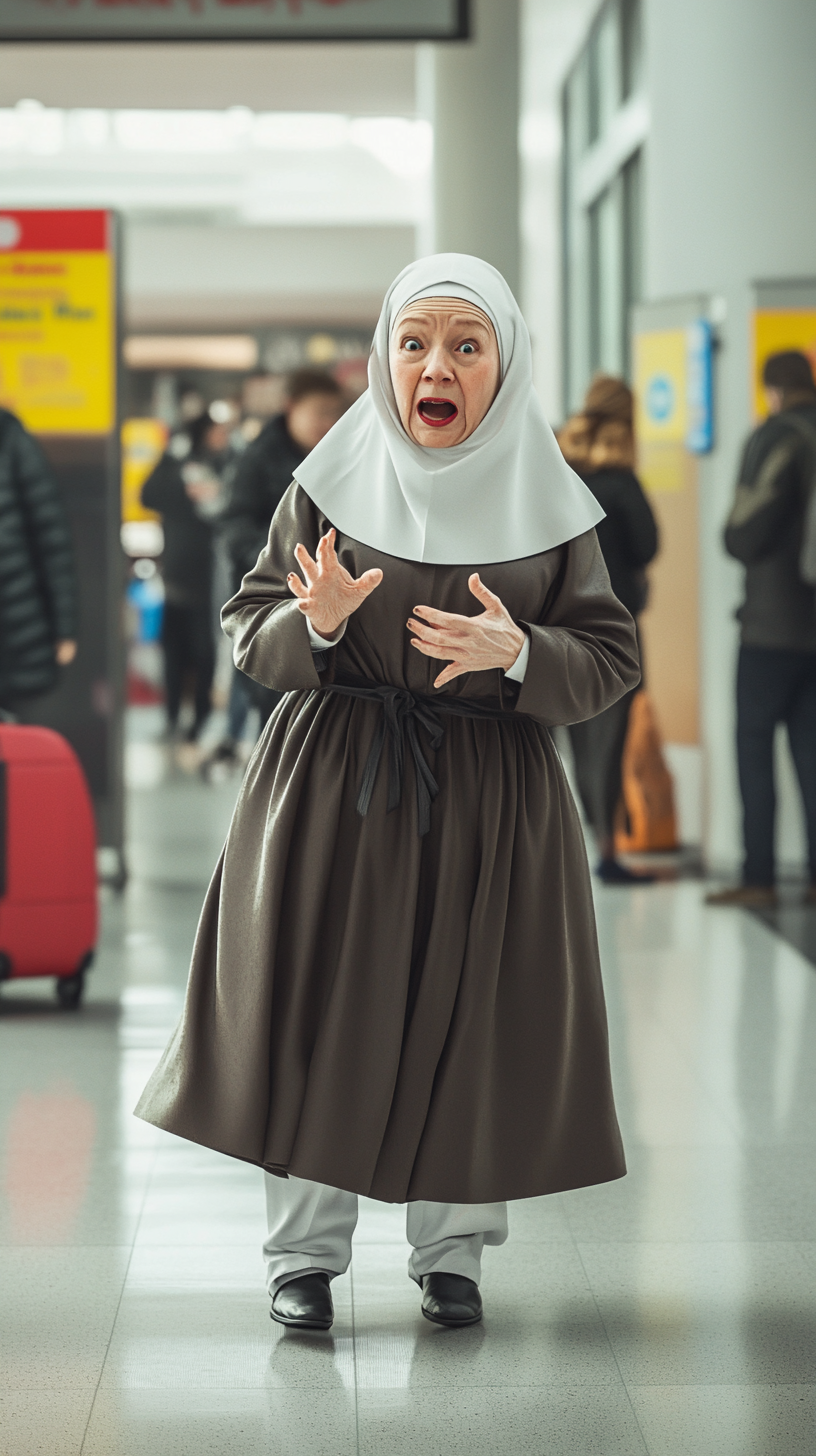 Impatient nun waiting in comical manner with exaggerated gestures.