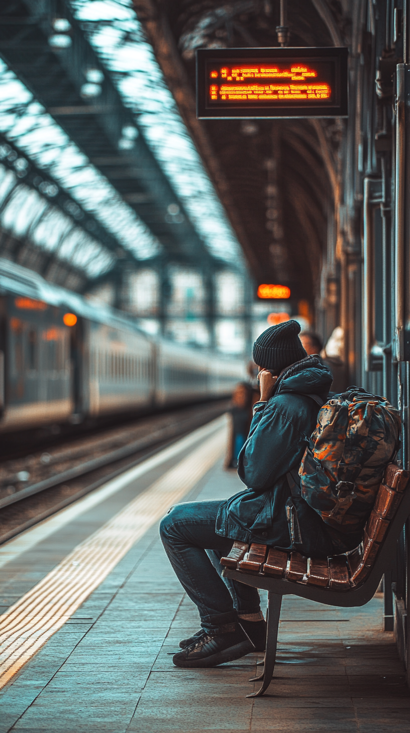 Impatient person waiting at train station, frustrated expression.