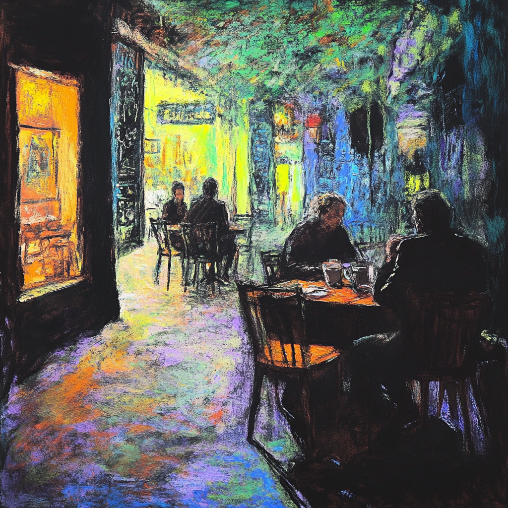 Impressionist painting of New York scene with coffee. Neon paint.