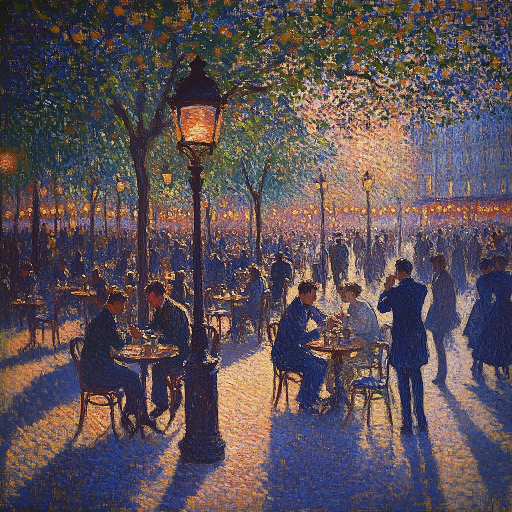 Impressionist scene with people in Paris cafe, vibrant colors.