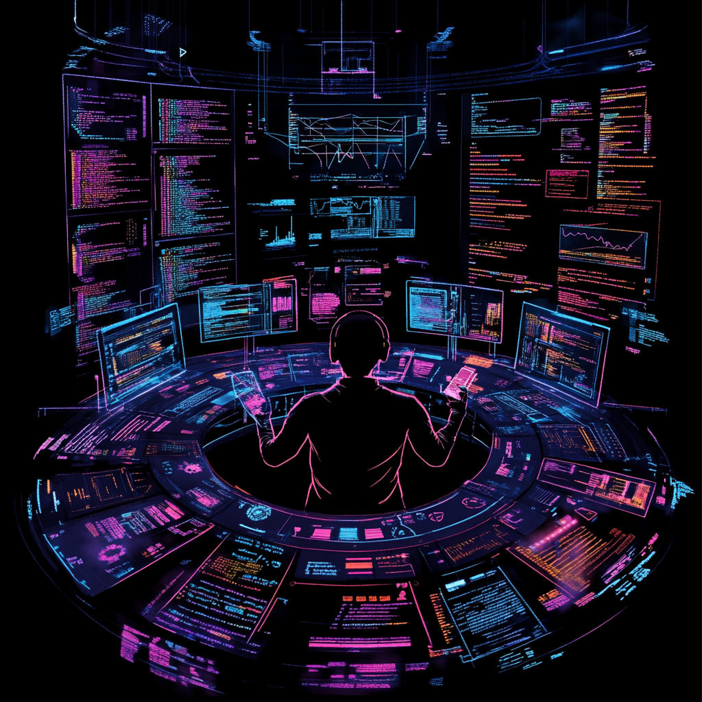 In A Futuristic Workspace, Programmer Surrounded by Holographic Screens