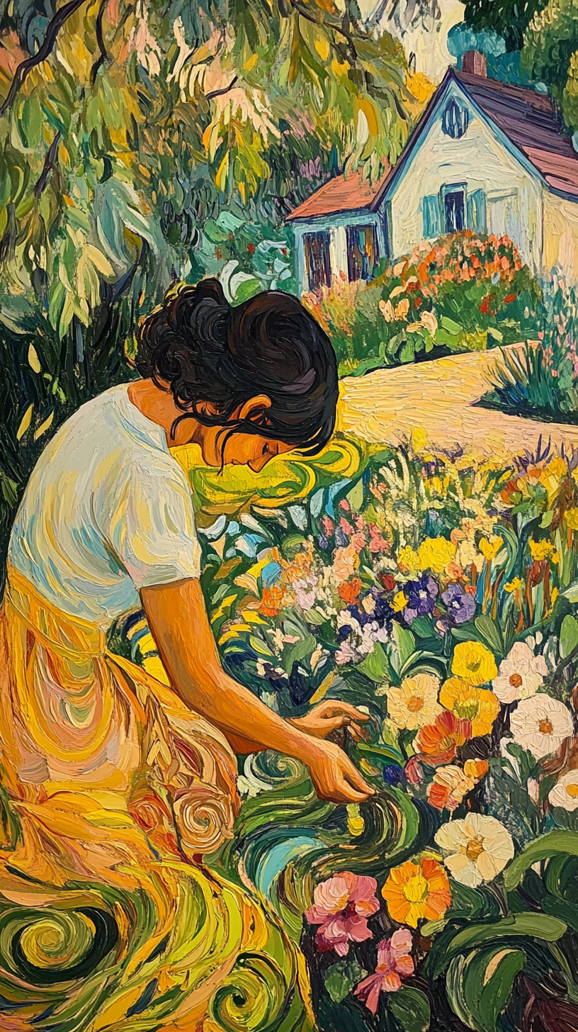 In a lush garden, a woman plants flowers.