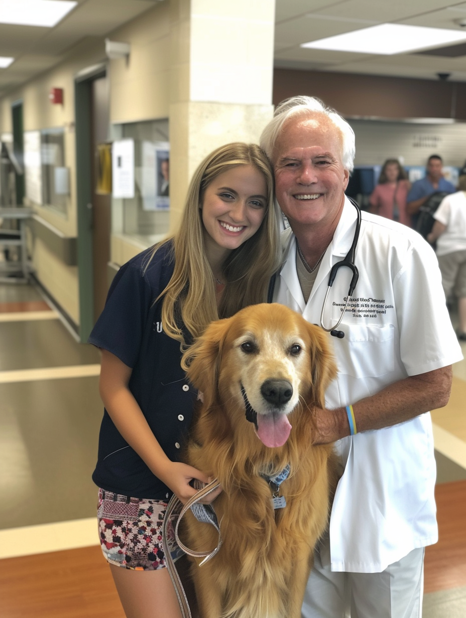 In the hospital, Dad, girl, golden retriever smiling.