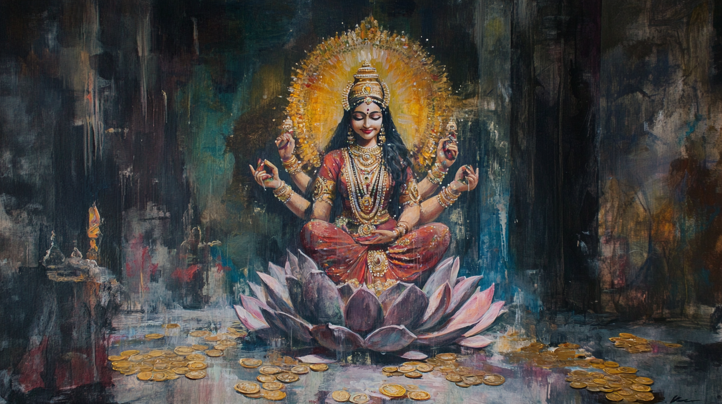 Indian Goddess Mahalaxhmi Mata Sitting on Golden Throne