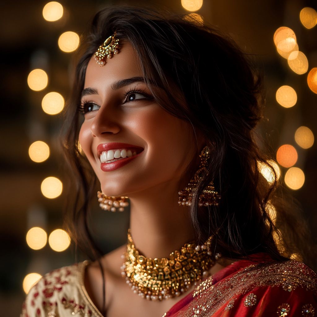 Indian Model in Traditional Diwali Clothes, Happy Expression 