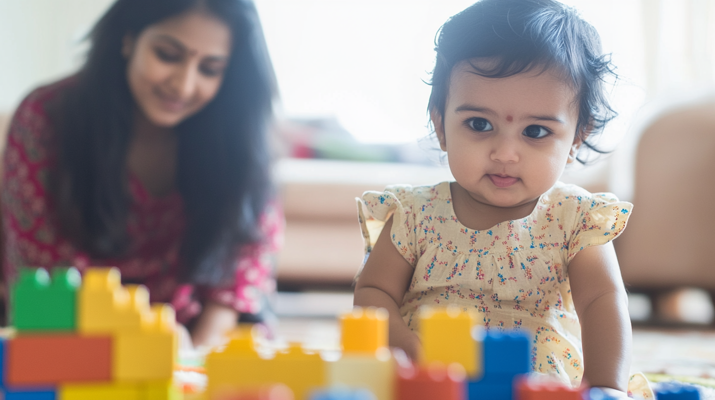 Indian baby playing, mother watching, high key lighting.