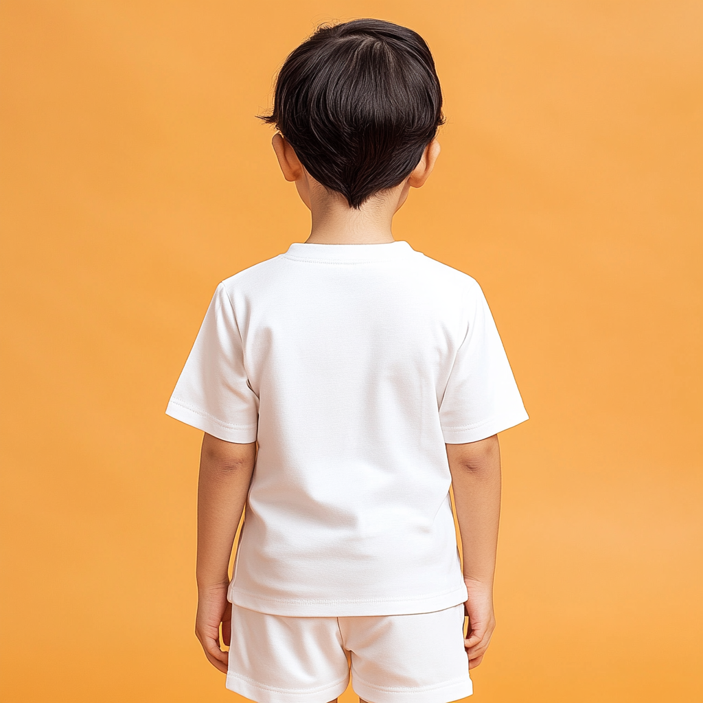 Indian boy in white t-shirt and shorts, back view.