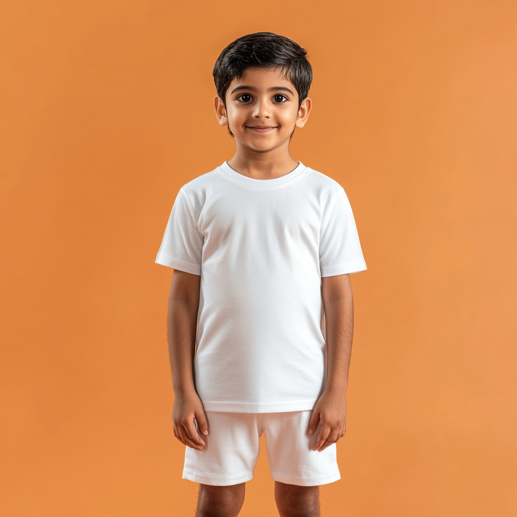 Indian boy in white t-shirt and shorts, orange background.