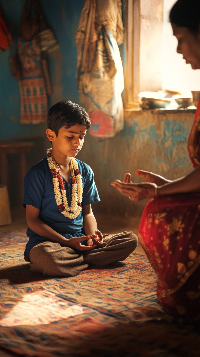 Indian boy meditating, mother scolding, room in village.