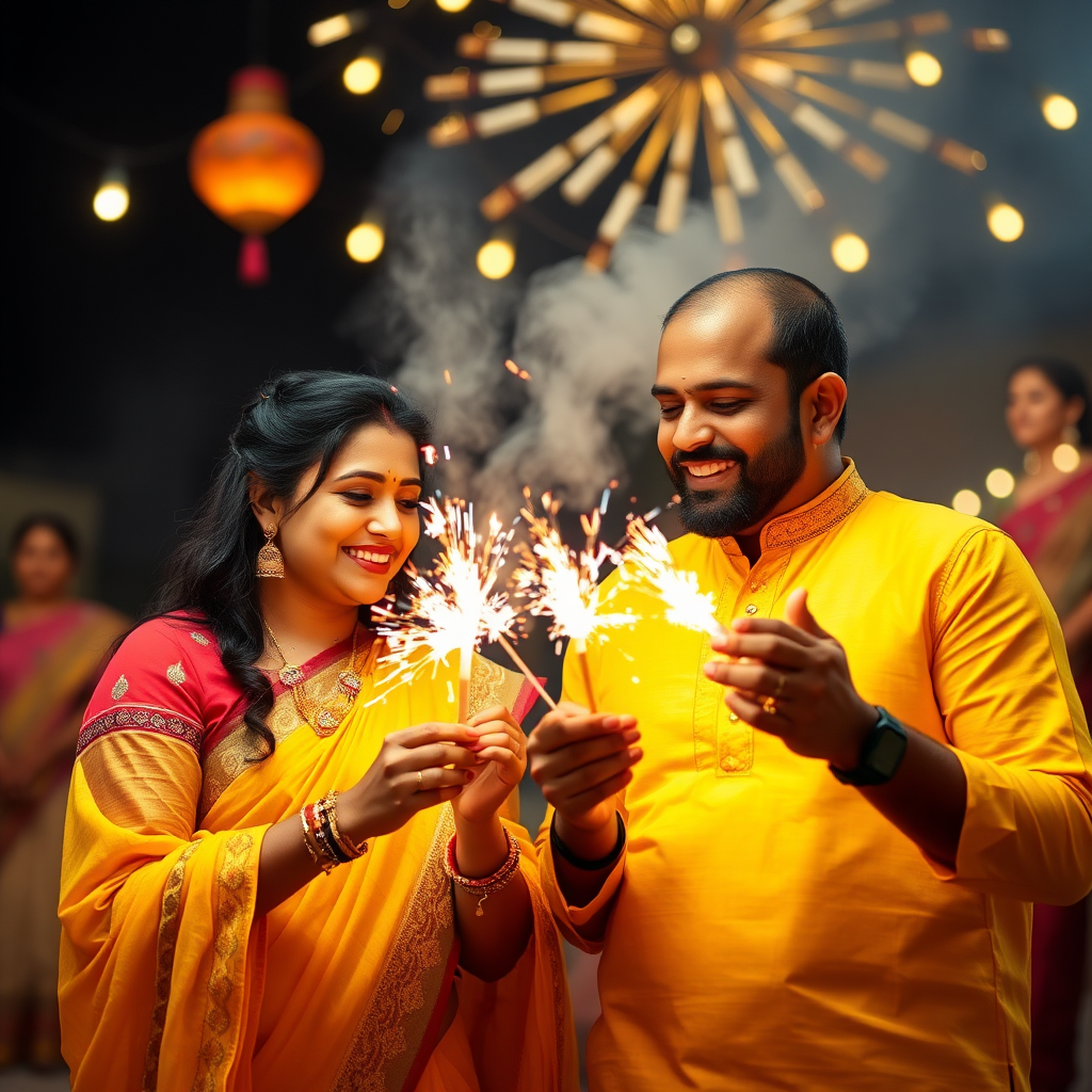 Indian couple celebrates Diwali with lights, crackers