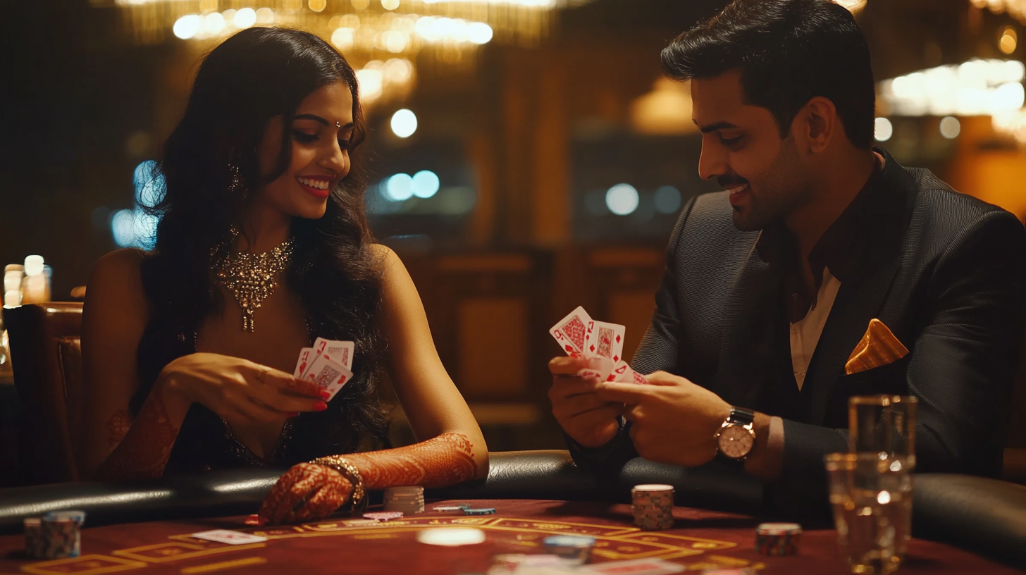 Indian couple plays cards in elegant party night