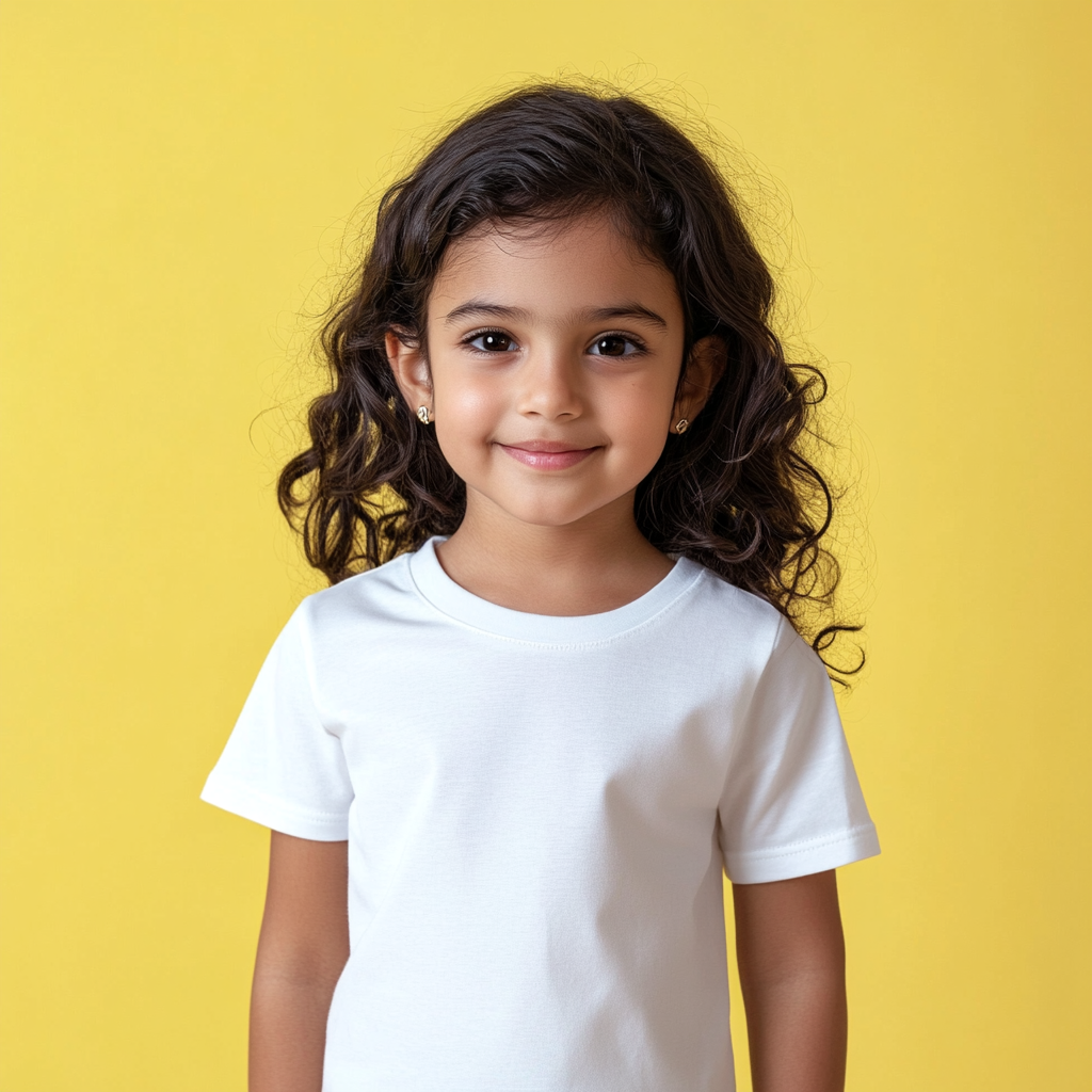 Indian girl in white co-ords, light yellow background.