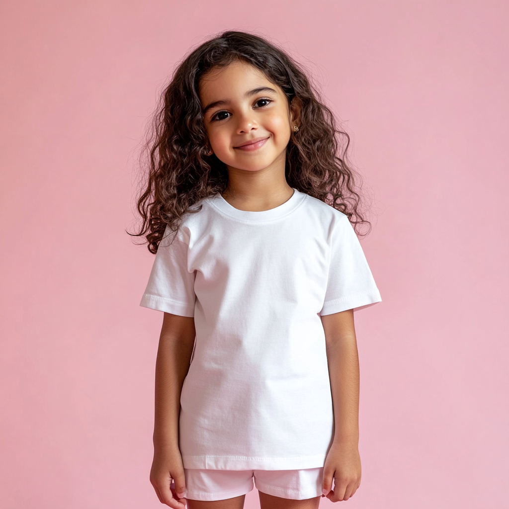 Indian girl in white shirt and shorts, studio lighting.