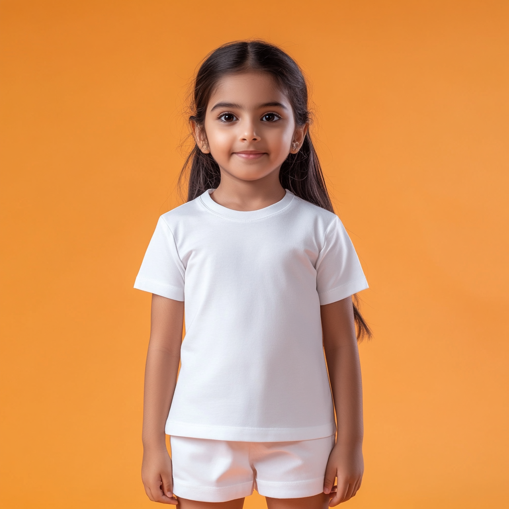 Indian girl in white t-shirt and shorts, standing gracefully.