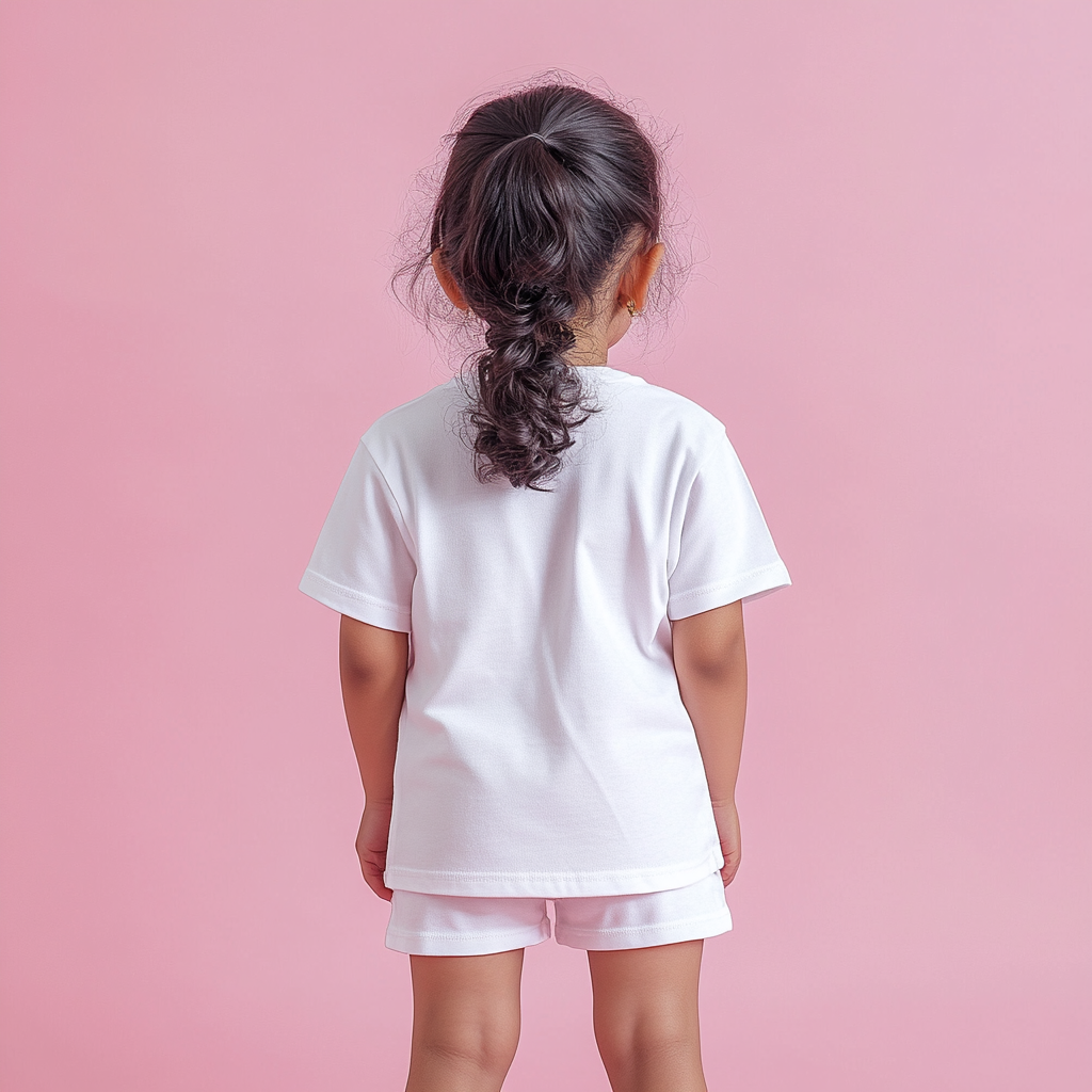 Indian girl in white t-shirt and shorts. Standing.