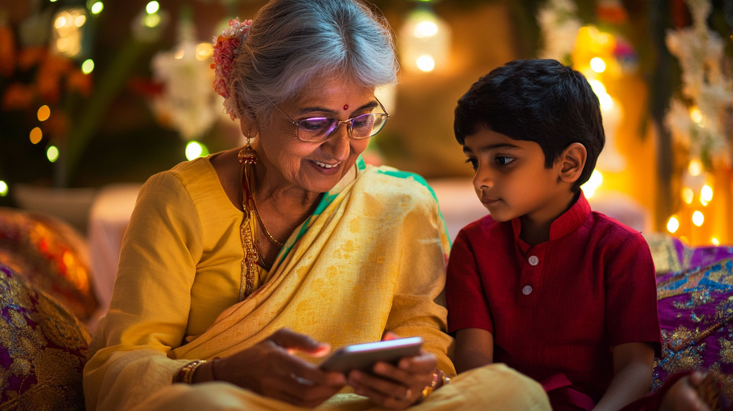 Indian grandmother and grandson bond during Diwali celebration.