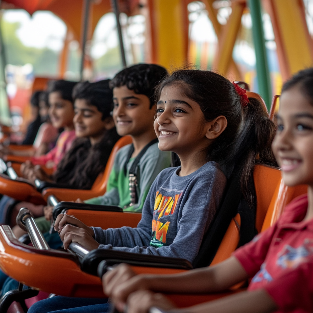 Indian kids enjoy roller coaster ride with empty seat.