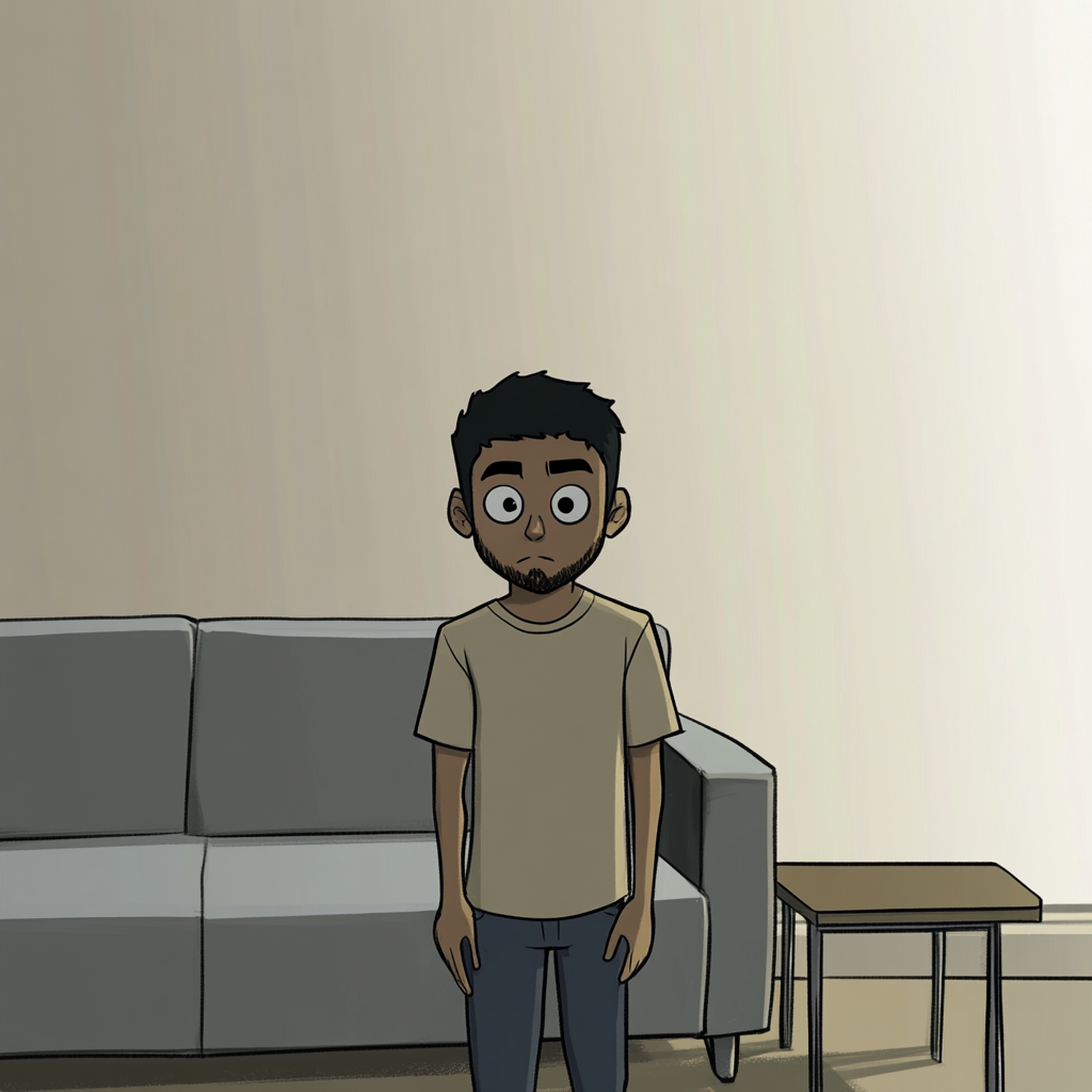 Indian person in casual clothes judging near a couch.