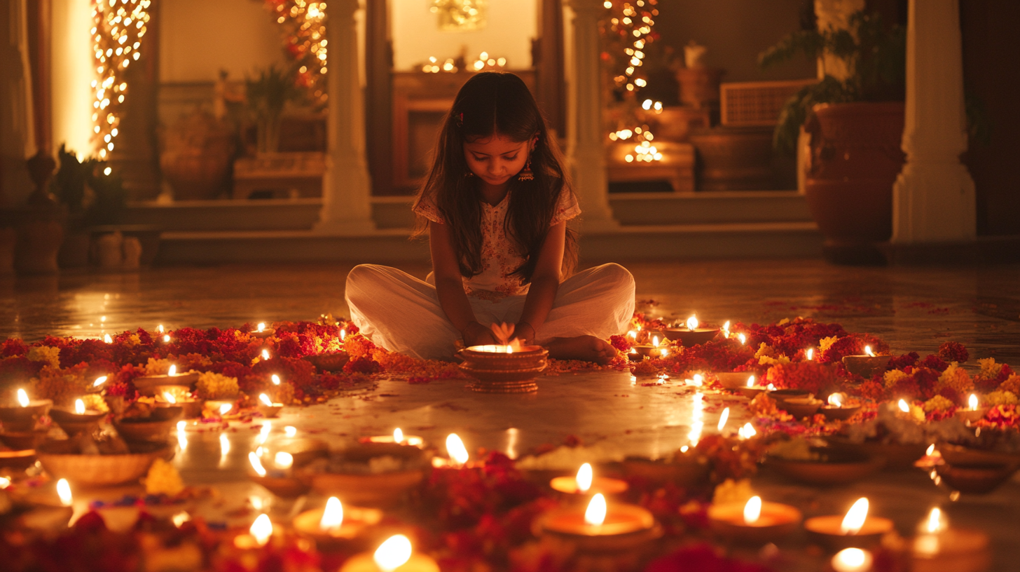 Indian siblings celebrate Diwali in beautifully decorated living room