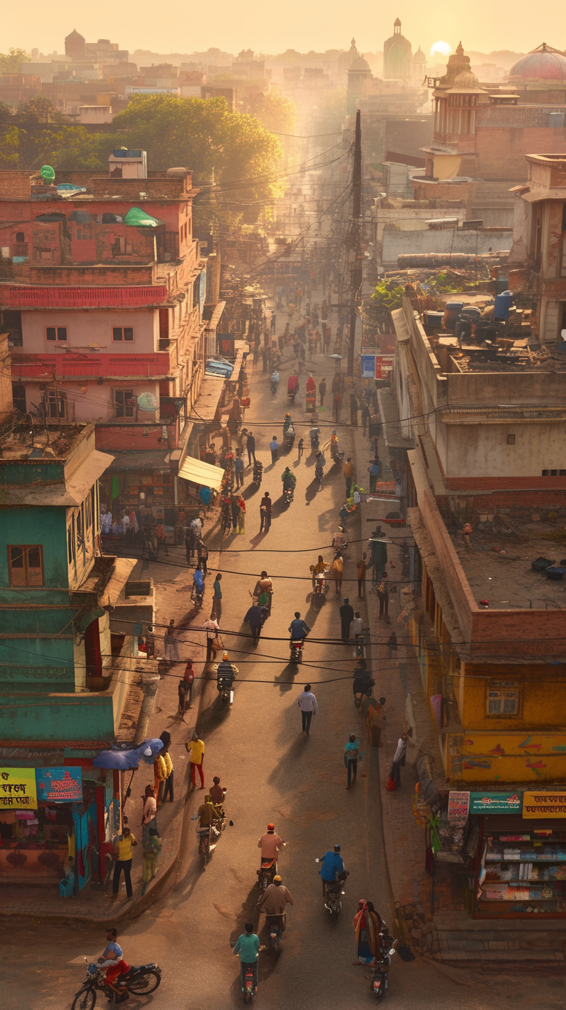 Indian street view with vibrant shops and pedestrians.