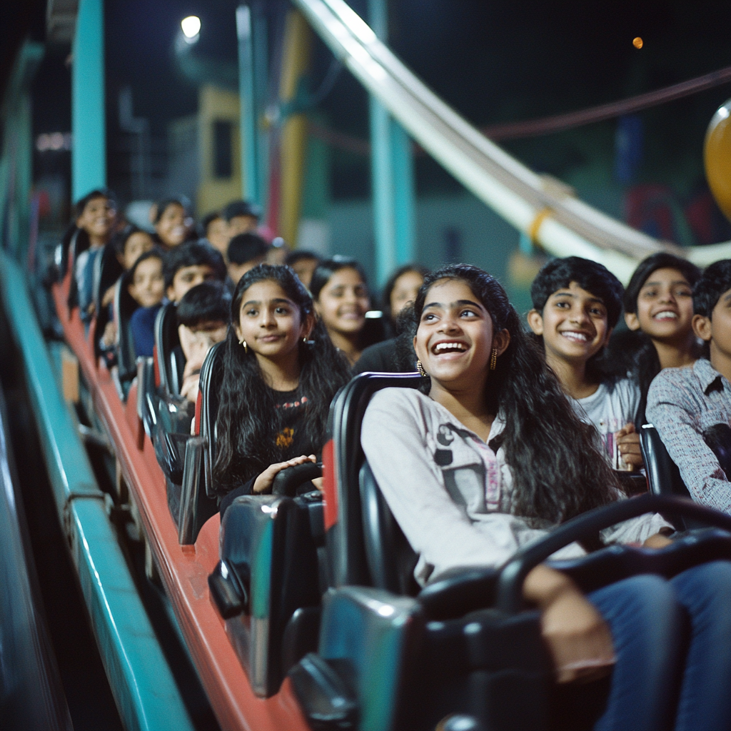 Indian students enjoy roller coaster ride with empty seat.