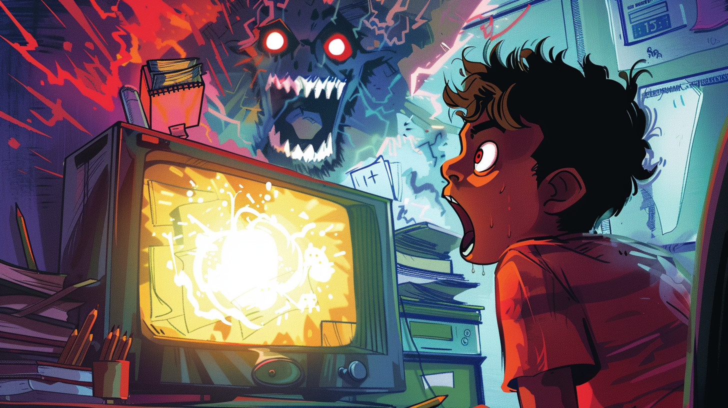 Indian teen boy plays video games, surprised by SAT monster.