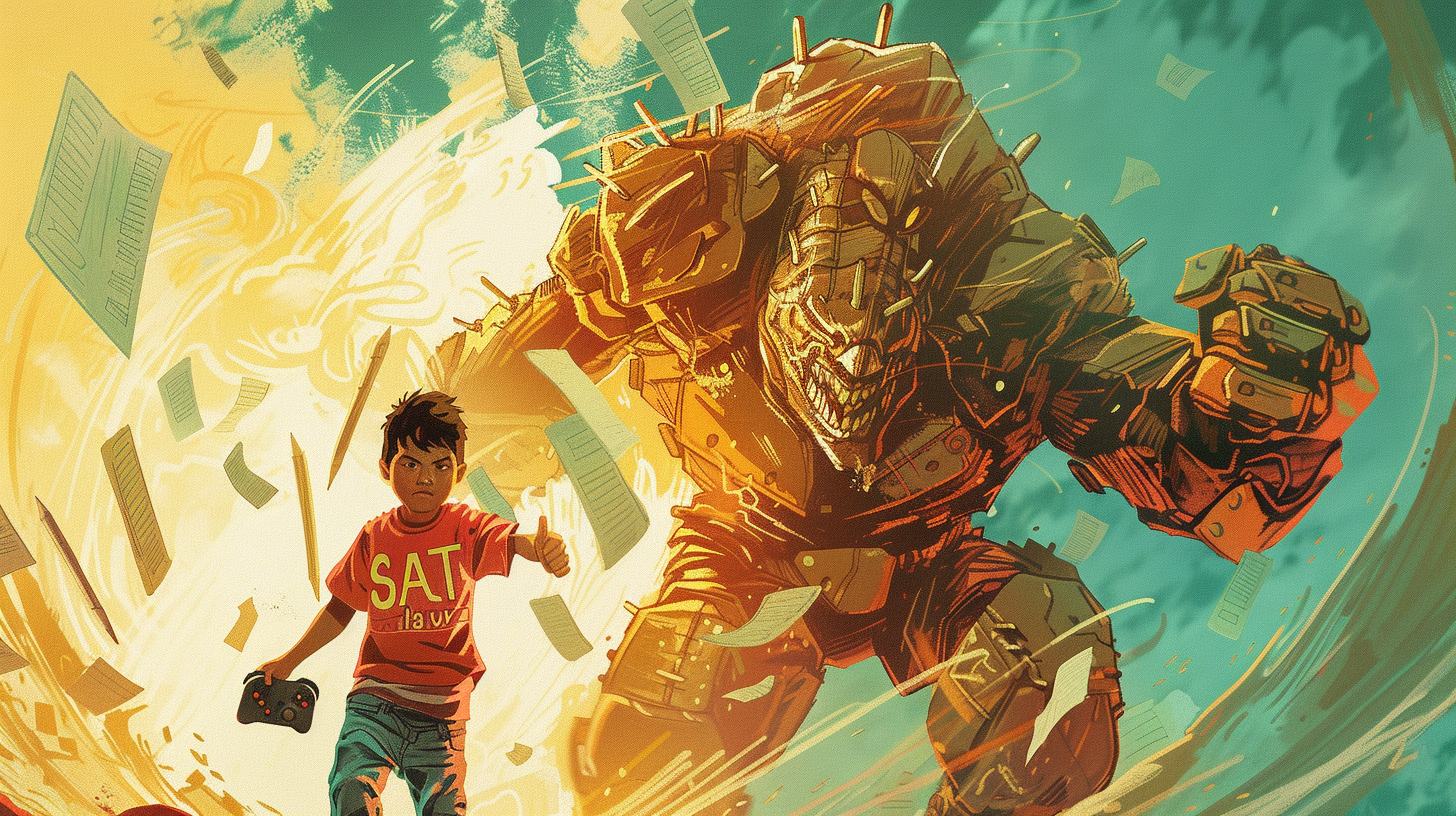 Indian teen hero battling giant SAT monster with controller sword.