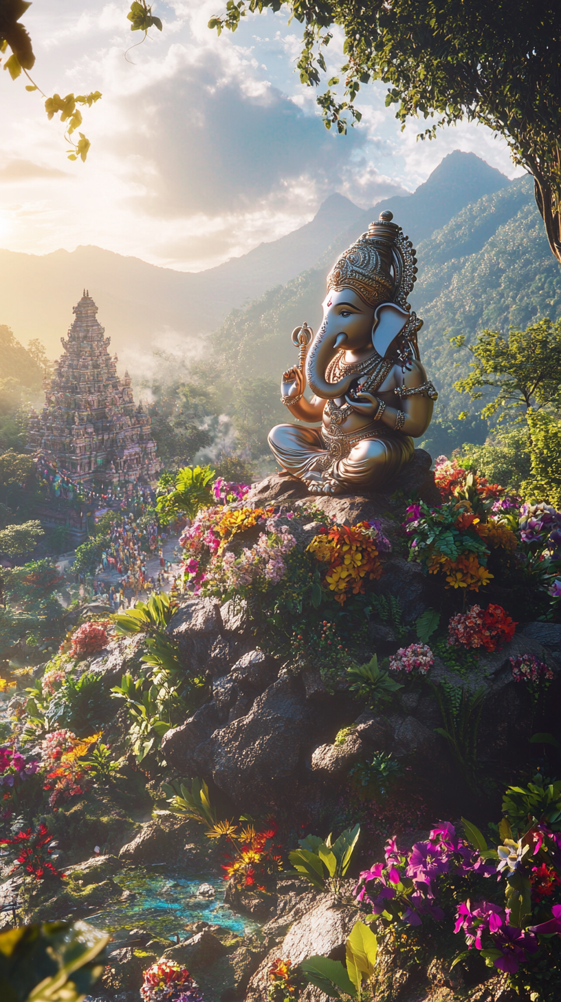 Indian valley with Ganesh idol rock and temple scenic.