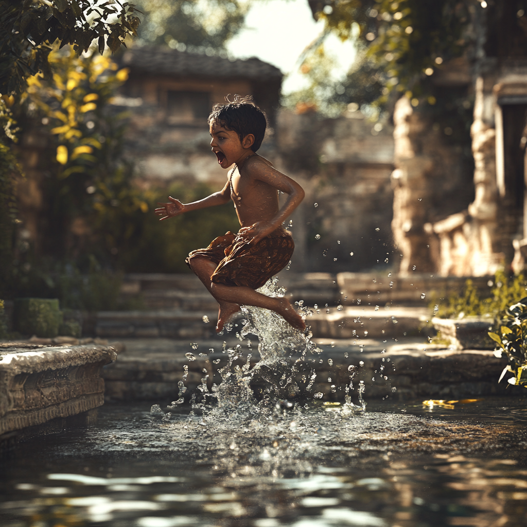 Indian village boy falling in pond, scared, screaming